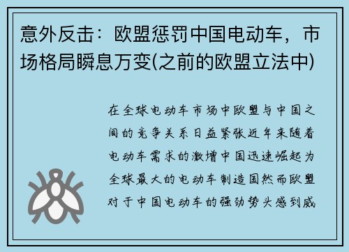 意外反击：欧盟惩罚中国电动车，市场格局瞬息万变(之前的欧盟立法中)