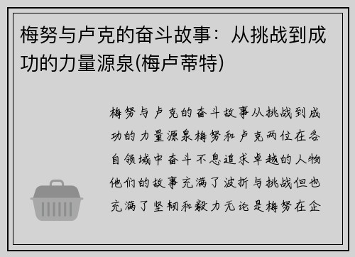 梅努与卢克的奋斗故事：从挑战到成功的力量源泉(梅卢蒂特)