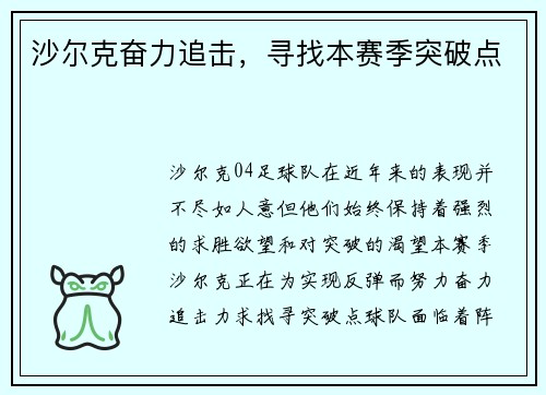 沙尔克奋力追击，寻找本赛季突破点