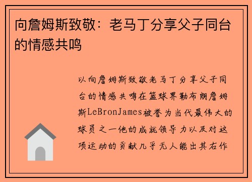 向詹姆斯致敬：老马丁分享父子同台的情感共鸣