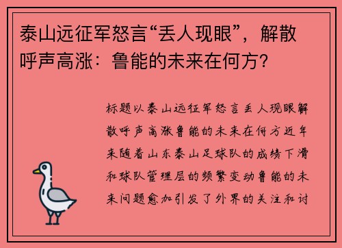 泰山远征军怒言“丢人现眼”，解散呼声高涨：鲁能的未来在何方？